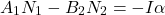 \begin{equation*} A_1 N_1 - B_2 N_2 &= -I\alpha \end{equation*}