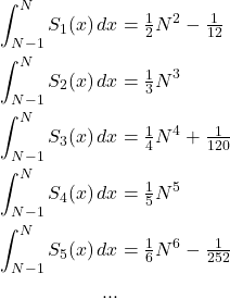 \begin{align*} \int_{N-1}^{N} S_1(x) \mathop{dx} &= \tfrac{1}{2} N^2 - \tfrac{1}{12} \\ \int_{N-1}^{N} S_2(x) \mathop{dx} &= \tfrac{1}{3} N^3 \\ \int_{N-1}^{N} S_3(x) \mathop{dx} &= \tfrac{1}{4} N^4 + \tfrac{1}{120} \\ \int_{N-1}^{N} S_4(x) \mathop{dx} &= \tfrac{1}{5} N^5 \\ \int_{N-1}^{N} S_5(x) \mathop{dx} &= \tfrac{1}{6} N^6 - \tfrac{1}{252} \\ ... \end{align*}