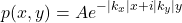 \begin{equation*} p(x,y) = Ae^{-|k_x|x + i|k_y| y} \end{equation*}